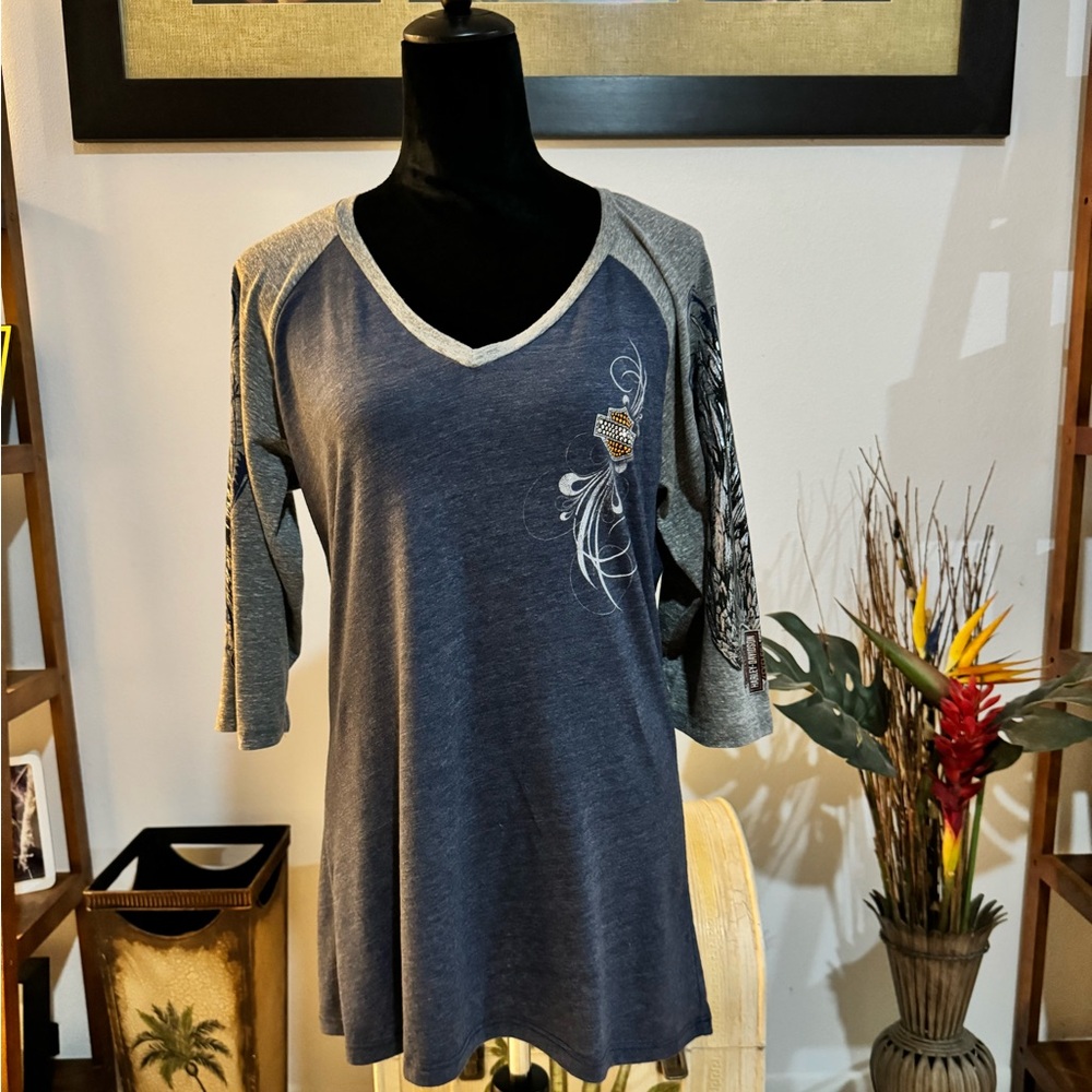 Harley Davidson Women's 3/4 shirt sleeve 2xLarge Gray V-Neck Biker Streetwear